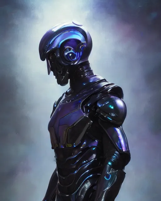 Image similar to character concept of iridescent sinewy smooth male muscular sleek glossy indigo black pearlescent scifi armor with smooth black featureless helmet, by greg rutkowski, mark brookes, jim burns, tom bagshaw, magali villeneuve, trending on artstation