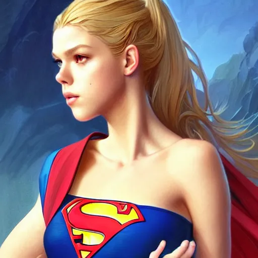 Image similar to beautiful Nicola Peltz as Super Girl, western, closeup, D&D, fantasy, intricate, elegant, highly detailed, digital painting, artstation, concept art, matte, sharp focus, illustration, art by Artgerm and Greg Rutkowski and Alphonse Mucha