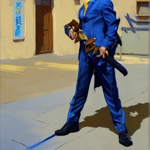 Image similar to greg manchess portrait painting of a blond man in a blue suit with a sword and a pistol, asymmetrical, profile picture, organic painting, sunny day, matte painting, bold shapes, hard edges, street art, trending on artstation, by huang guangjian, gil elvgren, ruan jia, randy vargas, greg rutkowski