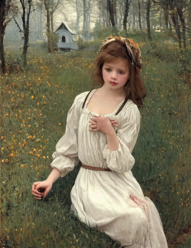 Prompt: girl peasant girl with décolleté showing shhh 🤫 sign, portrait , lolita aesthetics, Cottage, Cinematic focus, Polaroid photo, vintage, neutral colors, soft lights, foggy, by Steve Hanks, by Serov Valentin, by lisa yuskavage, by Andrei Tarkovsky, by Terrence Malick, 8k render, detailed, oil on canvas