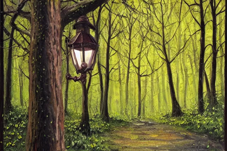 Image similar to vintage iron lamp post in the forest in the spring. Cinematic. Intricately detailed acrylic painting