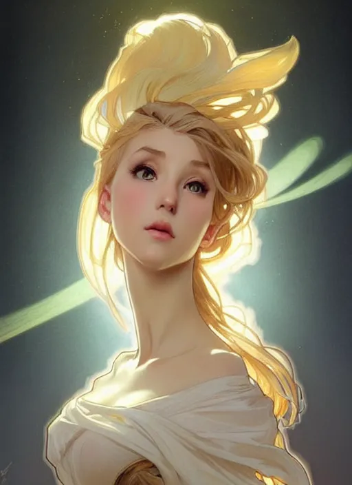 Prompt: a digital concept art by artgerm and greg rutkowski and alphonse mucha. clear portrait of a young wife blessed by god to uncontrollably become overwhelmingly perfect!! blonde, clothes, sit on heels!! light effect. hyper detailed, character concept, glowing lights!! intricate, elegant, digital painting, artstation, smooth, sharp focus