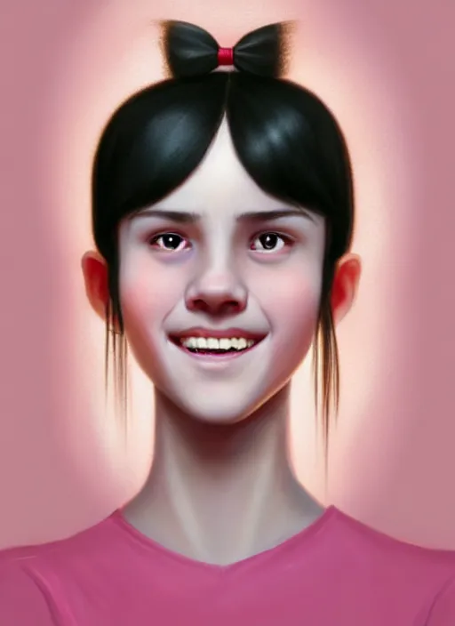 Image similar to portrait of teenage girl, realistic, black hair, bangs, half updo hairstyle, pointy nose, skinny, smile, ugly, defined jawline, big chin, pink hair bow, earrings, intricate, elegant, glowing lights, highly detailed, digital painting, artstation, sharp focus, illustration, art by wlop, mars ravelo and greg rutkowski