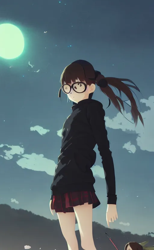 Prompt: a girl wearing black pullover with tribals, sport glasses, school landscape, illustration, concept art, anime key visual, trending pixiv fanbox, by wlop and greg rutkowski and makoto shinkai and studio ghibli and kyoto animation, blue archive, yellow aureole, airsoft gun, red reflective lens