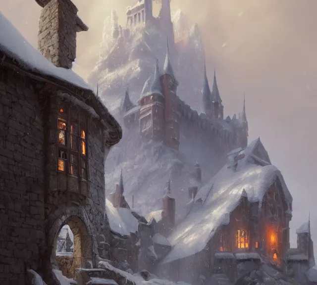 Image similar to a painting of a castle in the middle of a snowy mountain, a detailed matte painting by andreas rocha and greg rutkowski, featured on artstation, fantasy art, matte drawing, matte painting, artstation hq