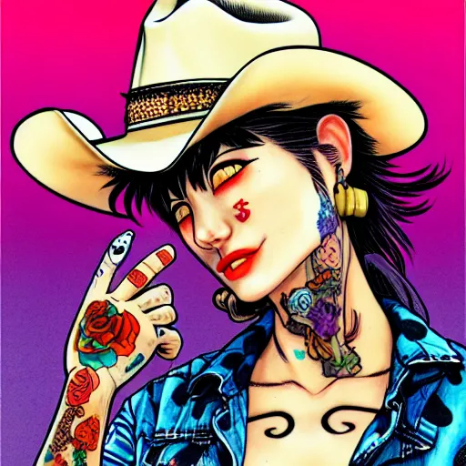 Image similar to full view of cowgirl with tattoos, wearing a cowboy hat, style of yoshii chie and hikari shimoda and martine johanna and will eisner, highly detailed