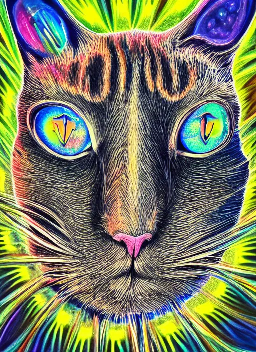 Image similar to portrait of a cat's head inside an upside down light bulb, modern fine art, intricate, elegant, subsurface scattering, highly detailed pop art painting, organic acrylic flow art, psychedelic fractal art, acrylic art, watercolor, featured on deviantart