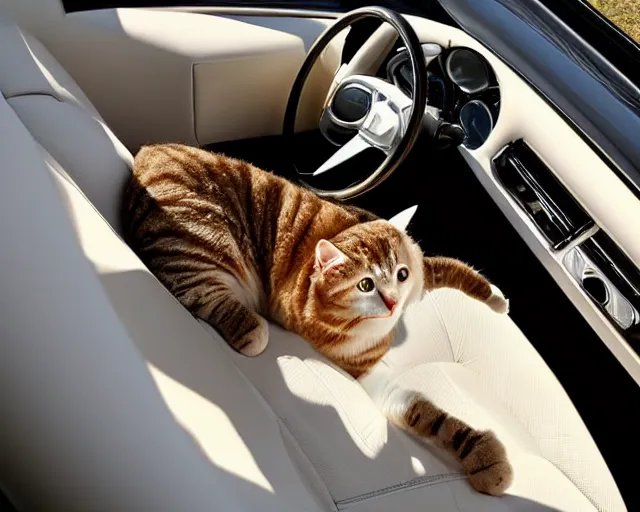 Image similar to top view of cabriolet, cat sitting in driver seat with paws on steering wheel, golden hour