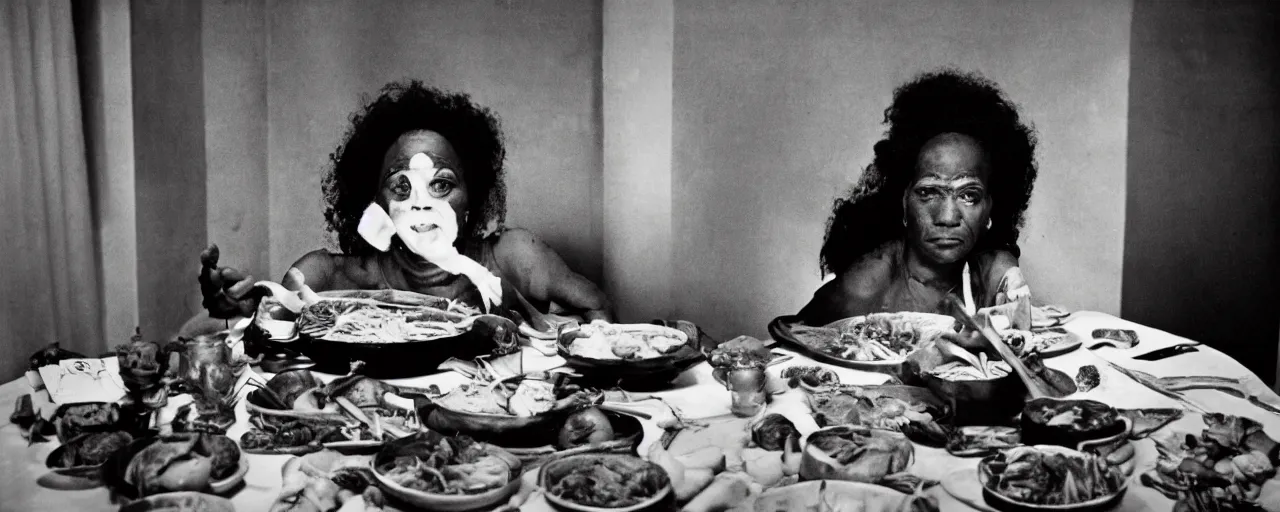 Prompt: queen hatshepsut of punt, enjoying a feast of spaghetti, in the style of diane arbus, canon 5 0 mm, kodachrome, retro