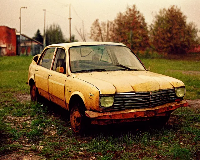 Image similar to a lomographic photo of old lada 2 1 0 7 standing in typical soviet yard in small town, hrushevka on background, cinestill, bokeh