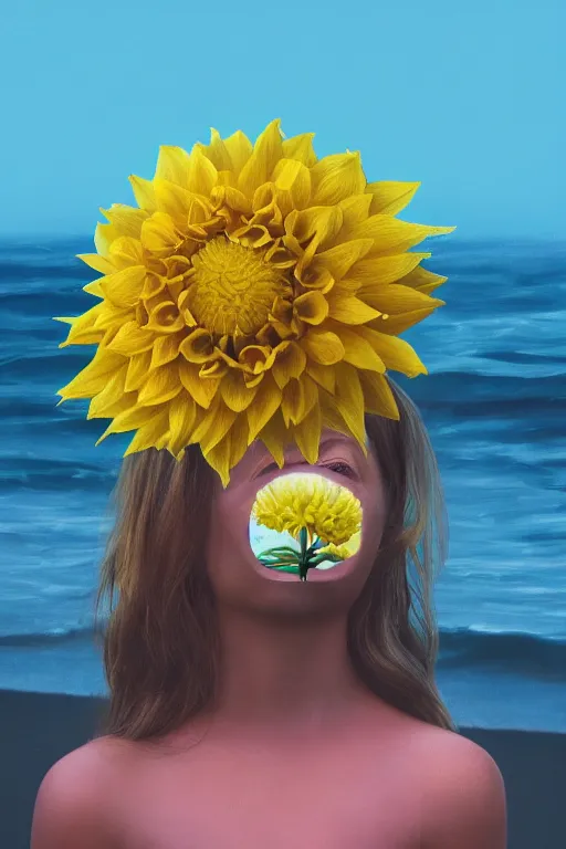 Prompt: closeup girl with huge yellow dahlia flower as a face, on beach, surreal photography, blue sky, sunrise, dramatic light, impressionist painting, digital painting, artstation, simon stalenhag