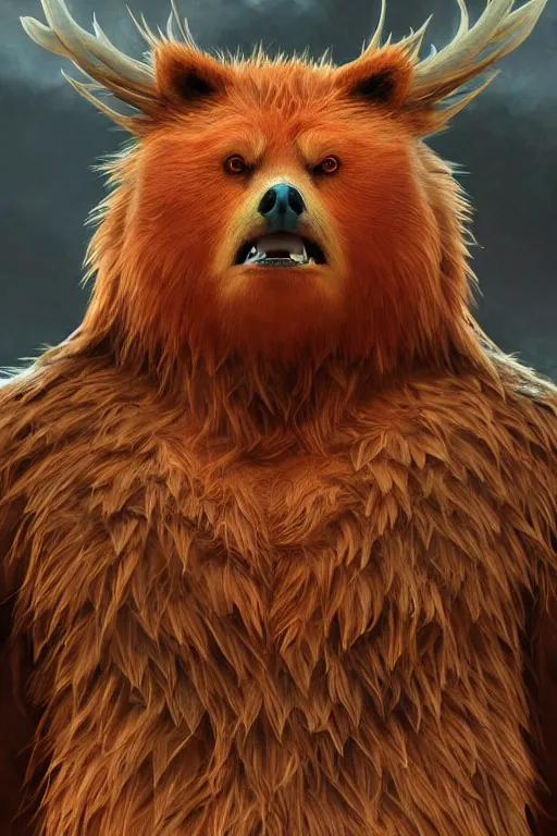 Image similar to a beautiful closeup shot from a fantasy film of a humanoid red owlbear wearing a loose tunic. an anthropomorphic owlbear. fantasy, frown, intricate, elegant, highly detailed, digital painting, artstation, concept art, matte, sharp focus, illustration, art by artgerm and greg rutkowski and alphonse mucha