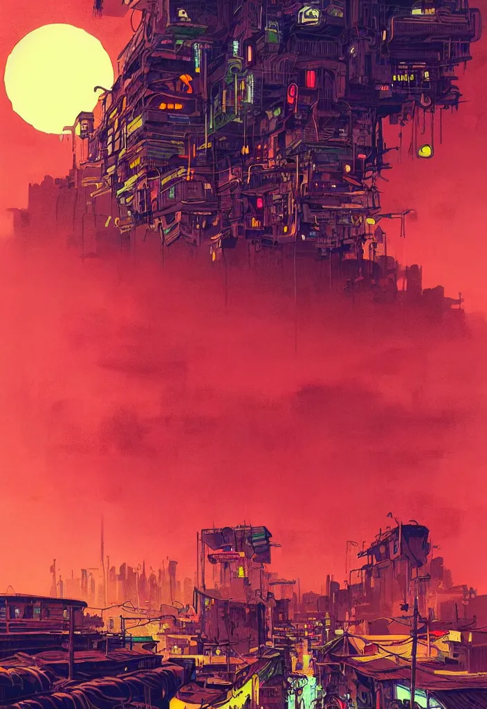 Image similar to Kilian Eng painting of a cyberpunk African favela, hazy sunset with dramatic clouds, line art, ink, watercolor, heavy brushstrokes, asymmetrical, trending on Pinterest, High quality image