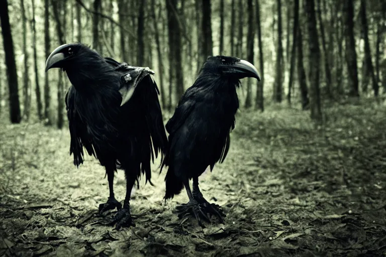 Image similar to werecreature consisting of a crow and a human, photograph captured in a dark forest