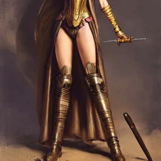 Image similar to highly detailed steampunk gal gadot standing, cape, bo staff : leonardo da vinci, greg rutkowski, magali villeneuve