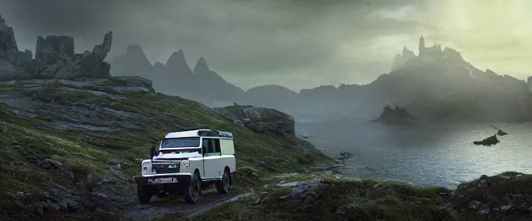 Image similar to Land Rover Defender 110 (1985), an epic fantasy, dramatic lighting, cinematic, establishing shot, extremely high detail, photorealistic, cinematic lighting, artstation, by simon stalenhag, The Elder Scrolls V: Skyrim, Whiterun Hold, Burning wooden nordic Dragonsreach castle in the distance, Battle for Whiterun city, Stormcloaks vs Imperials, Swarms of Stormcloaks and Imperials fighting eachother, Intense fighting, Whiterun city burning, Skyrim Civil War, High casualties, blood and dead soldiers, aftermath of a huge battle