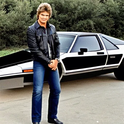 Image similar to a photo taken on the set of the tv show knight rider in 1 9 8 2, showing kitt the car from the series with michael knight posing in front