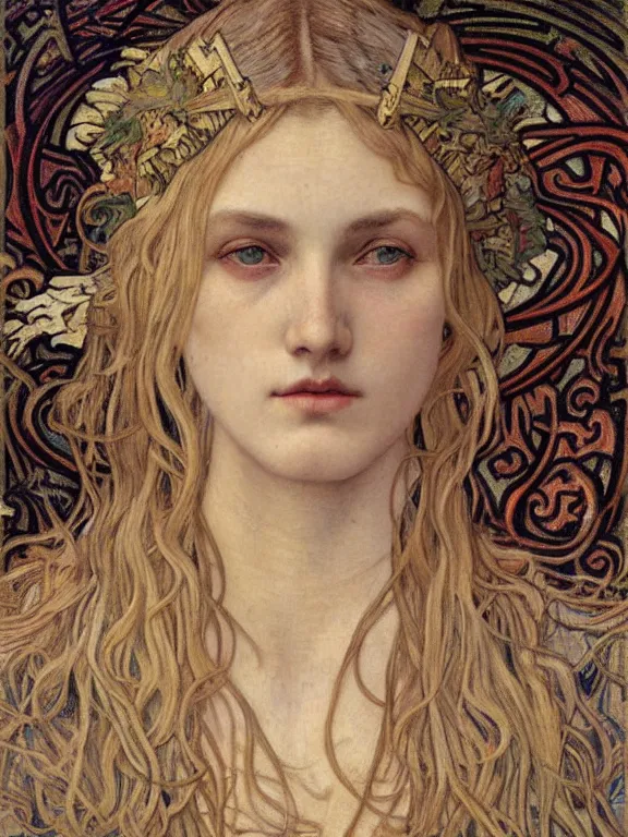 Image similar to detailed realistic beautiful young medieval queen face portrait by jean delville, alphonse mucha, vincent van gogh, and marco mazzoni, art nouveau, symbolist, visionary, gothic, pre - raphaelite