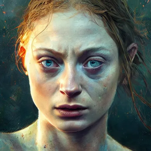 Prompt: portrait of Sophie Turner as Gollum in LOTR, Realistic painting by greg rutkowski, craig Mullins, Artgerm