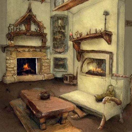 Image similar to (((((((hobbit and knome house living room with blazing fireplace))))))) . muted colors. by Jean-Baptiste Monge !!!!!!!!!!!!!!!!!!!!!!!!!!!!!!!!!!!!!!!! ((((((((((((((((((watercolor sketch))))))))))))))))))