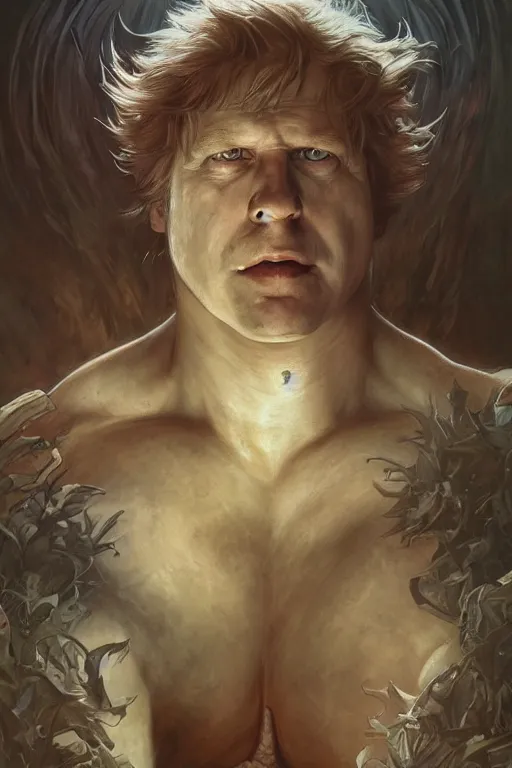 Prompt: portrait of boris johnson as a very pale hulking herculean demon, forest, godlike, full body, fantasy, intricate, elegant, highly detailed, digital painting, artstation, concept art, sharp focus, illustration, art by artgerm and greg rutkowski and alphonse mucha