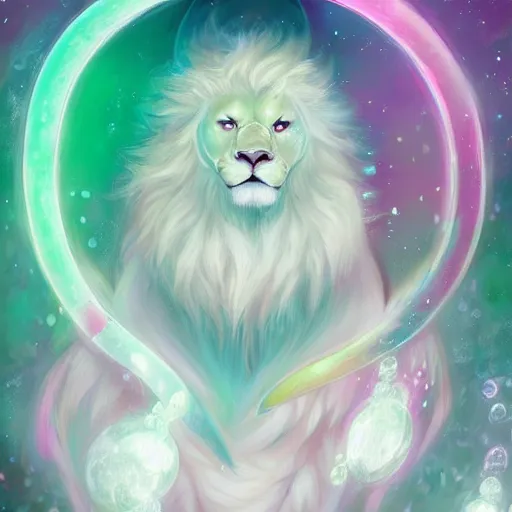 Image similar to aesthetic portrait commission of a albino male furry anthro lion surrounded by glistening floating bubbles while wearing a cute mint colored cozy soft pastel wizard outfit, winter Atmosphere. Character design by charlie bowater, ross tran, artgerm, and makoto shinkai, detailed, inked, western comic book art, 2021 award winning painting