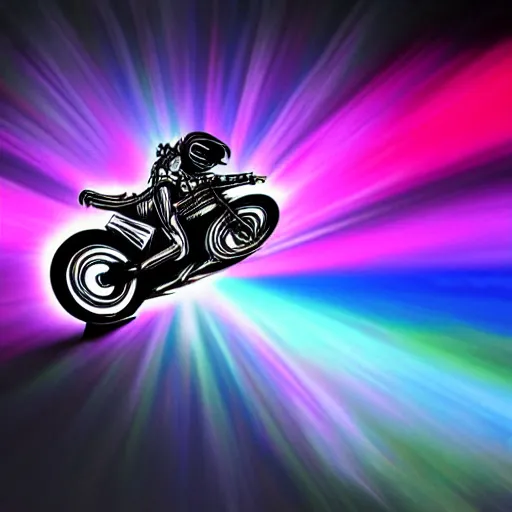 Image similar to psychedelic blacklight airbrush artwork, hyperrealistic motorcycle, hyper stylized action shot of an orc biker riding a motorcycle doing a wheelie, clear focused details, soft airbrushed artwork, black background, cgsociety, artstation