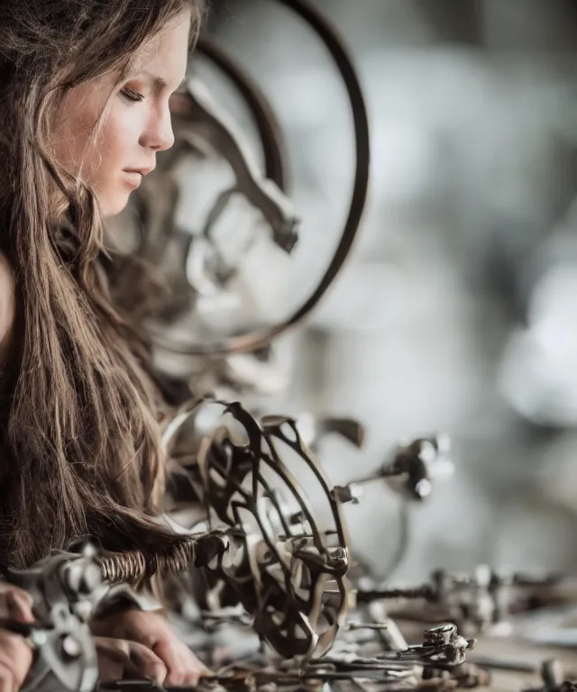 Prompt: A beautiful girl makes bronze gear, 50mm photo, soft light, extremely high details, motion blur