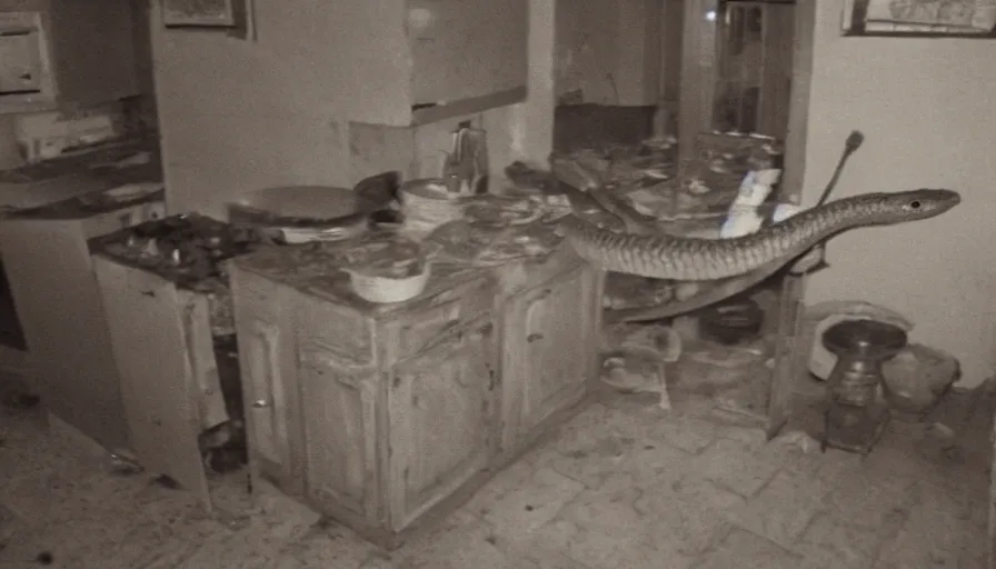 Prompt: a snake in a stalinist style kitchen, by mini dv camera, very very low quality, heavy grain, very blurry, accidental flash, webcam footage, found footage, security cam, caught on trail cam