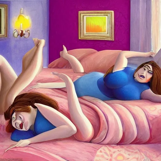 Prompt: stunning, coherent, beautiful painting, still of a group of bbw women taking a picture of each other posing in the same bed , they are all laying down , 3d, in the style of pixar, comic book cover, 3d, highly detailed, highly detailed, sharp focus, bokeh, depth of field, 16k resolution, Unreal Engine 5, coherent, cinematic lighting, photorealistic, by Zhang Jingna