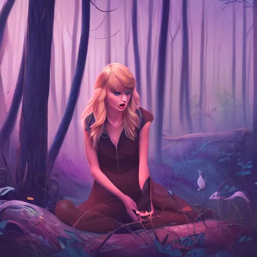 Image similar to trail cam footage of taylor swift in the forest at night, art by lois van baarle and loish and ross tran and rossdraws and sam yang and samdoesarts and artgerm and saruei and disney, digital art, highly detailed, intricate, sharp focus, trending on artstation hq, deviantart, unreal engine 5, 4 k uhd image