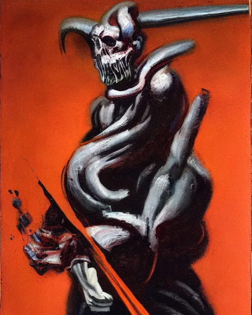 Image similar to the doomslayer, a character study by francis bacon, oil on canvas, german expressionism