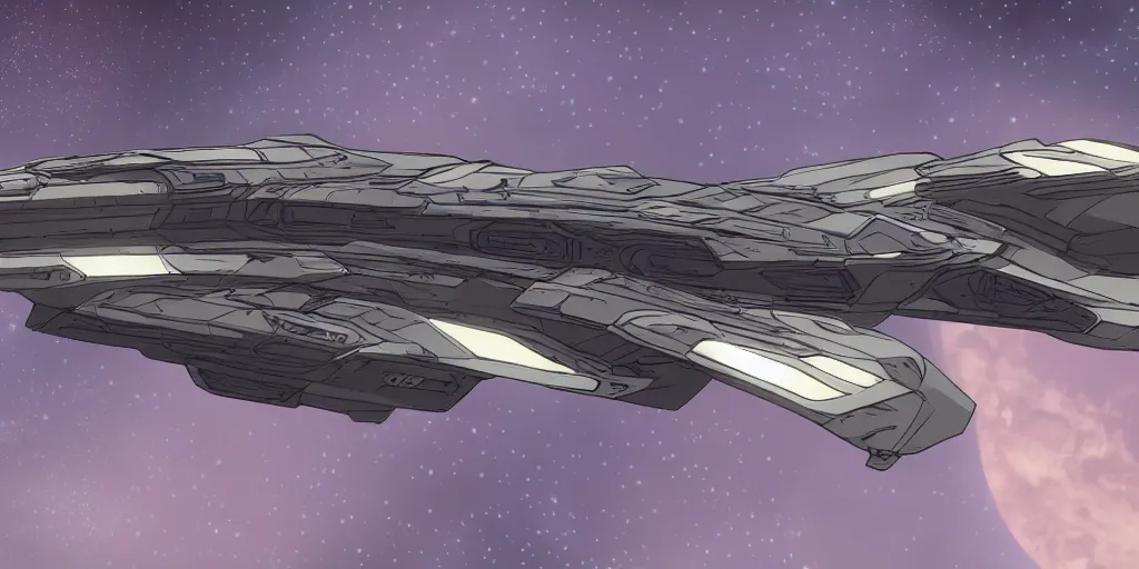 Prompt: Cinematic view of The Unfriendly Viper spaceship in style of Homeworld