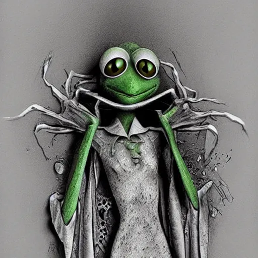 Image similar to michael karcz grunge drawing of kermit the frog. , in the style of corpse bride, loony toons style, horror themed, detailed, elegant, intricate