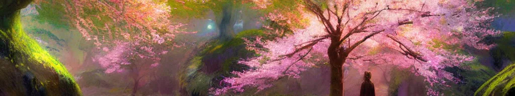 Image similar to spiritual journey through an infinite glowing colorful magical forest, sakura trees, sakura season dynamic lighting, landscape, artwork by jeremy lipkin and giuseppe dangelico pino and michael garmash and rob rey and greg manchess and huang guangjian and makoto shinkai, pixiv, 1 0 0 mm