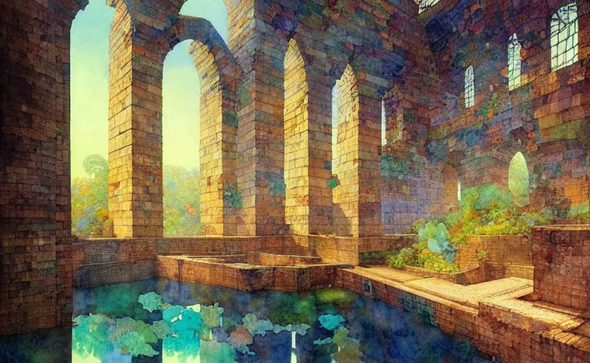 Image similar to tiled room squared waterway, aqueducts, fantasy. intricate, amazing composition, colorful watercolor, by ruan jia, by maxfield parrish, by marc simonetti, by hikari shimoda, by robert hubert, by zhang kechun, illustration, gloomy