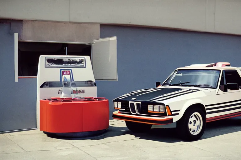 Prompt: A single 1985 Bronco Vector W8 Twin Turbo 911 BMW M1 inside of a car wash, ektachrome photograph, volumetric lighting, f8 aperture, cinematic Eastman 5384 film