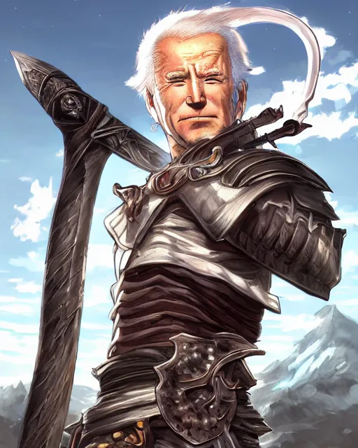 Image similar to A full-body anime portrait of Joe Biden with crazy hair holding a huge sword from Skyrim, by Stanley Artgerm Lau, WLOP, Rossdraws, James Jean, Andrei Riabovitchevy, Marc Simonetti, and Sakimichan, trending on artstation