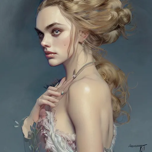 Image similar to portrait of margo Robbie, fantasy, intricate, elegant, highly detailed, digital painting, artstation, concept art, smooth, sharp focus, illustration, art by artgerm and greg rutkowski and alphonse mucha