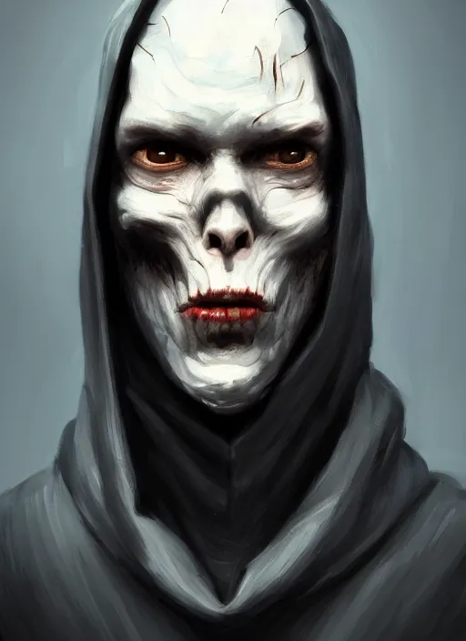 Prompt: scared human pale man, wearing cloak and hood, fantasy, portrait in the style of caravaggio and craola, macro lens, shallow depth of field, highly detailed, digital painting, trending artstation, concept art, illustration, cinematic lighting, vibrant colors, photorealism, epic, octane render, magic the gathering artwork, centered