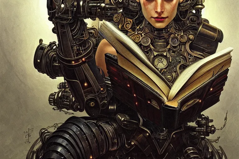 Prompt: a cyborg reading from an old book with a leather cover, fantasy, sci-fi, intricate, elegant, dramatic lighting, highly detailed, lifelike, photorealistic, digital painting, artstation, concept art, smooth, sharp focus, illustration, art by John Blanche and Paul Dainton and Darren Tan and Pierre Loyvet and Alphonse Mucha