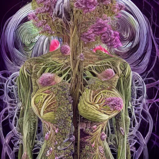 Image similar to a beautiful detailed photo of a full body rotten woman corpse morphing into fractal plants and fractal flowers and mushrooms, muscles, veins, anatomical, intricate, ornate, volumetric light, beautiful lit, midsommar