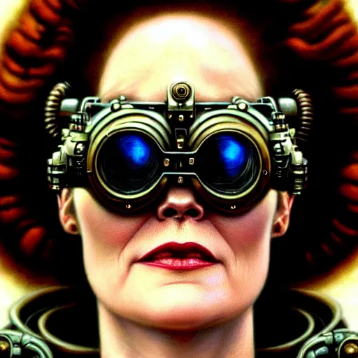 Prompt: closeup portrait shot of sigourney weaver wearing steampunk goggles in a scenic dystopian environment, intricate, elegant, highly detailed, centered, digital painting, artstation, concept art, smooth, sharp focus, illustration, artgerm, tomasz alen kopera, peter mohrbacher, donato giancola, joseph christian leyendecker, wlop, boris vallejo