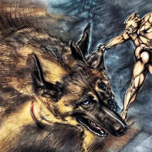 Image similar to a humanoid german shepherd beast - man wrestling with another german shepherd in the middle of an arena, pencil art, added detail, high definiton, colored, aerial viewyoji shinkawa