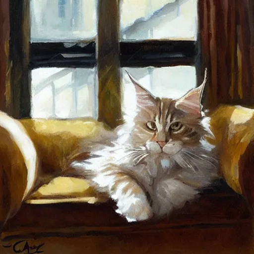 Image similar to cream color maine coon cat curled up, bay window sofa, by Antoine Blanchard