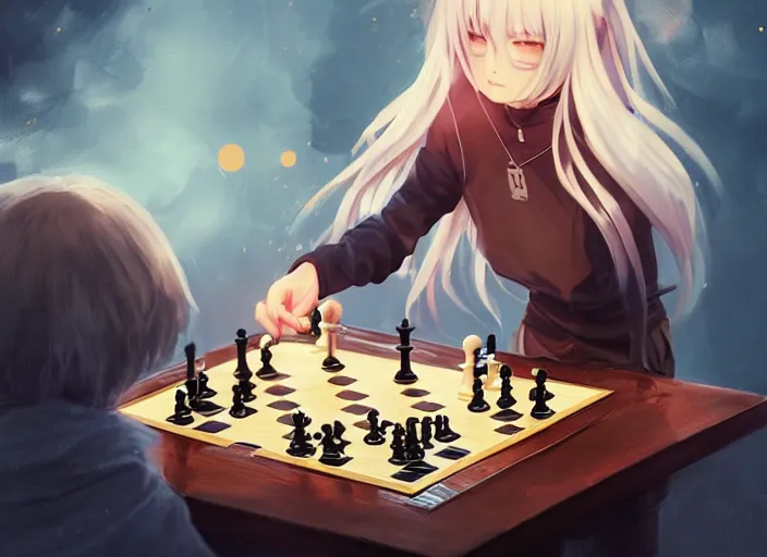 Image similar to rimuru playing chess, with gold eyes, straight hair, sky blue hair, long bangs, high collar, concept art, award winning photography, digital painting, cinematic, by wlop, anime key visual, wlop, 8 k, by ross tran, tom bagshaw, andy warhol