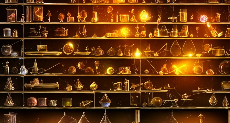 Prompt: a shelf of wonderful magical experiments, cinematic lighting, detailed, beautiful colors, ornate 4 k