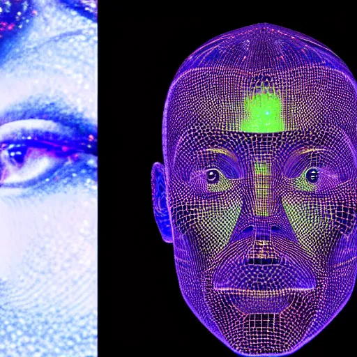 Image similar to a 3d human head made up of shiny holograms