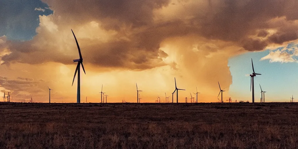 Image similar to photo of a stormy west texas sunset, perfect rustic ( ( wind turbine ) ), film photography, lightning, golden hour, high quality, beautiful!!!
