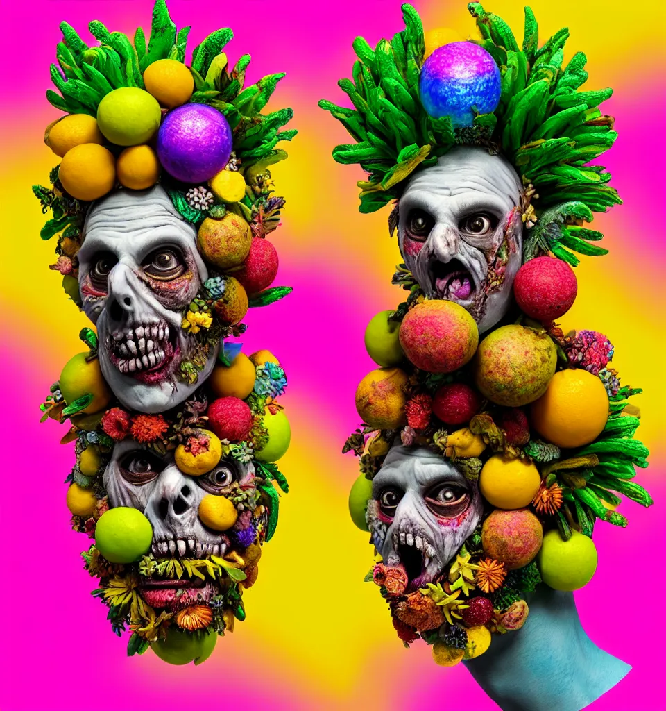 Prompt: headshot of a trickster nature zombie, head made of fruit and flowers in the style of arcimboldo, covered with iridescent bubbles, fragonard, photorealistic, dynamic lighting, action figure, clay sculpture, claymation, turquoise pink and yellow, rainbow stripe backdrop